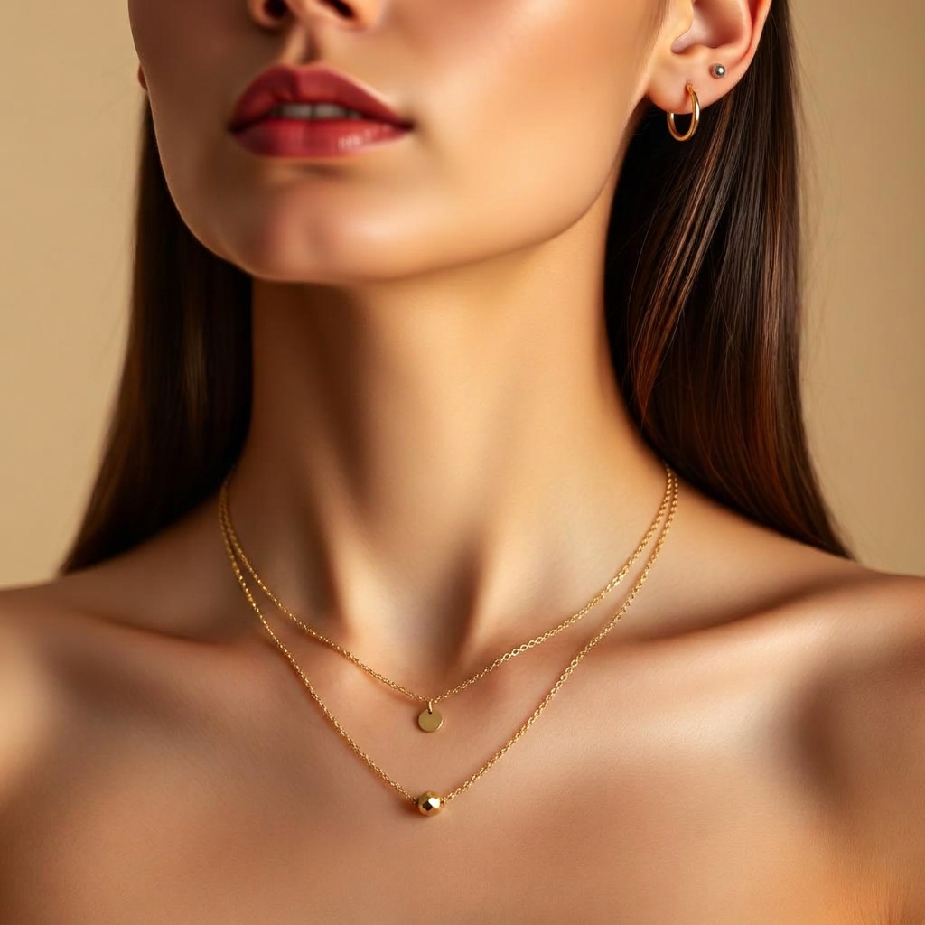 Neckline styled with layered Aïa gold necklaces